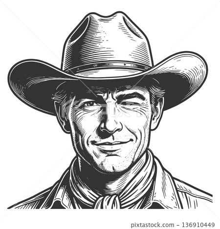 Winking cowboy engraving raster illustration 136910449