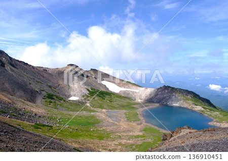 Summer mountain scenery of Mount Norikura with its crater lake and volcanic topography (Gifu Prefecture, Northern Alps) Summer mountain scenery of Mount Norikura with its crater lake and volcanic topography (Gifu Prefecture, Northern Alps) 136910451