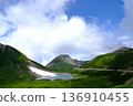 Mount Norikura in summer: a mountain lake, remaining snow, and a highland landscape with a mountain hut (Gifu Prefecture, Northern Alps) 136910455