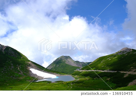 Mount Norikura in summer: a mountain lake, remaining snow, and a highland landscape with a mountain hut (Gifu Prefecture, Northern Alps) 136910455