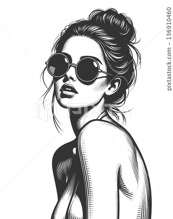 Retro woman in round sunglasses line art raster 136910460
