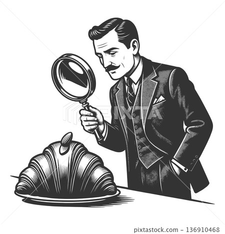 Man Examining Large croissant Magnifying Glass 136910468