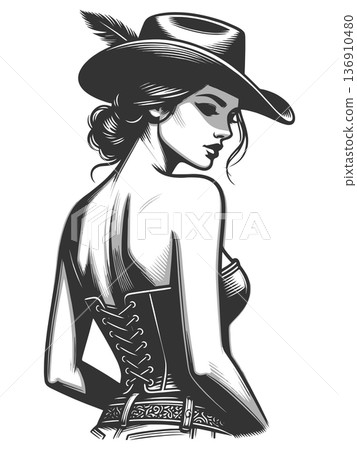 cowgirl portrait in cowboy hat engraving raster 136910480