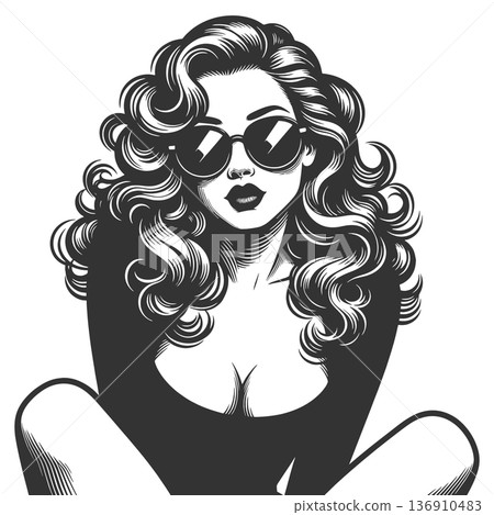 Curly haired woman in sunglasses pinup art raster 136910483
