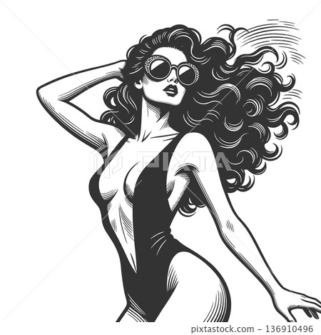 swimsuit woman sunglasses and flowing hair raster 136910496