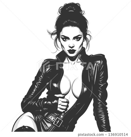 Fashion Woman in unzipped leather jacket art 136910514