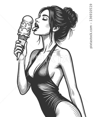 woman licking ice cream engraving sketch vector 136910519