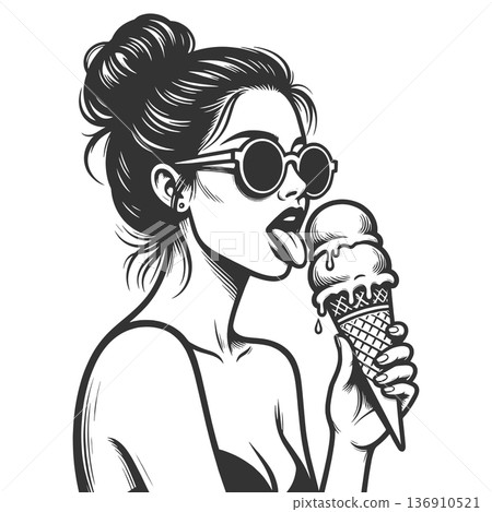 Girl in sunglasses licking melting ice cream Girl in sunglasses licking melting ice cream 136910521