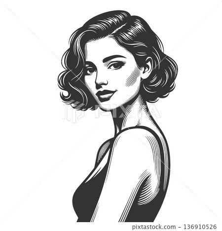 Retro short hair woman portrait engraving raster Retro short hair woman portrait engraving raster 136910526