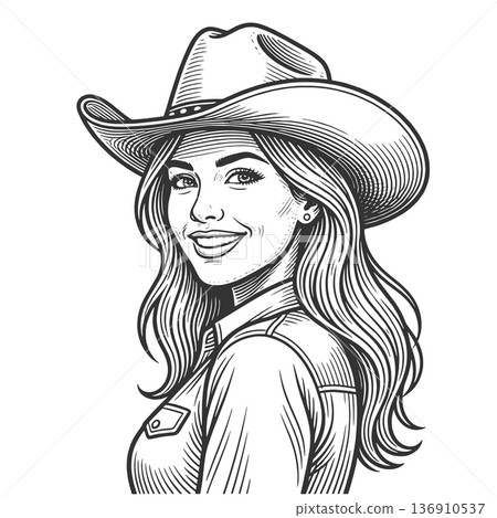 Smiling cowgirl portrait engraving vector 136910537