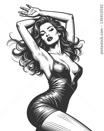 Pinup woman posing in tight dress vector 136910592