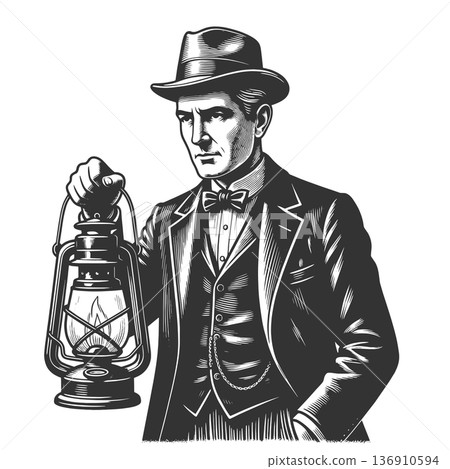 Victorian Gentleman Holding Lantern at Night 136910594
