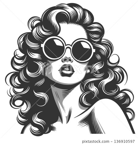 Retro woman in round sunglasses line art vector Retro woman in round sunglasses line art vector 136910597