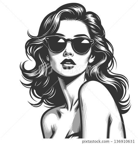 Retro woman in round sunglasses line art vector 136910631