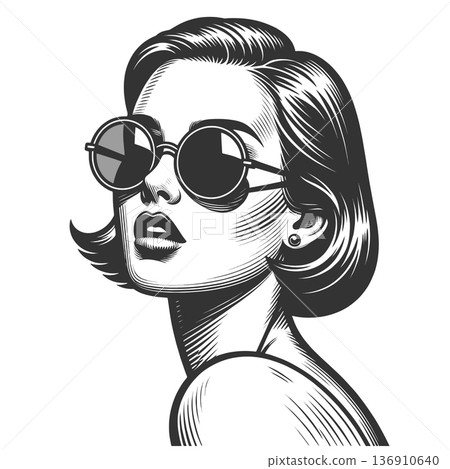Retro woman in round sunglasses line art vector 136910640