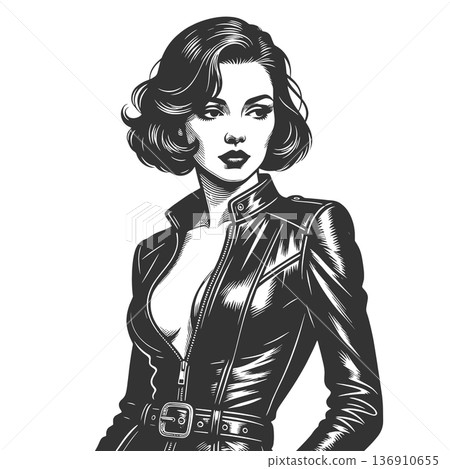 Woman black leather jacket engraving sketch vector Woman black leather jacket engraving sketch vector 136910655