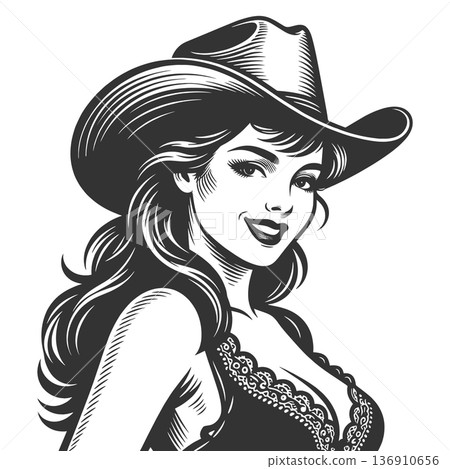 Smiling cowgirl in cowboy hat pinup art 136910656