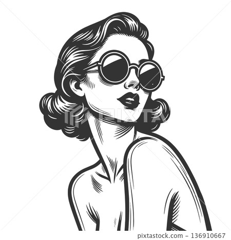 Retro woman in round sunglasses line art vector Retro woman in round sunglasses line art vector 136910667