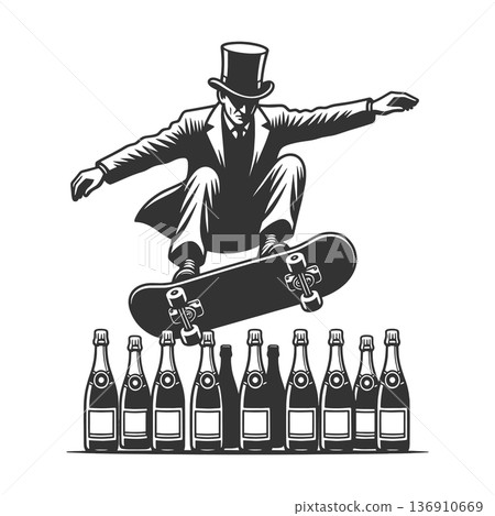 Man top hat skateboarding over champagne bottles 136910669