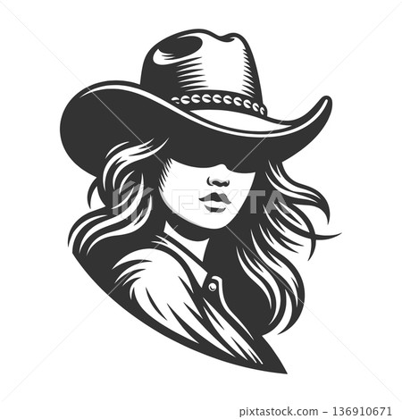 Mystery cowgirl silhouette in wide brim hat 136910671