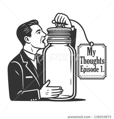 Victorian Gentleman Holding Jar of Thoughts Victorian Gentleman Holding Jar of Thoughts 136910673