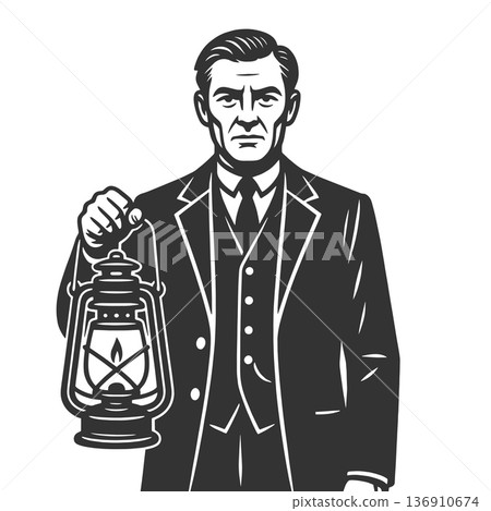 Victorian Gentleman Holding Lantern at Night Victorian Gentleman Holding Lantern at Night 136910674