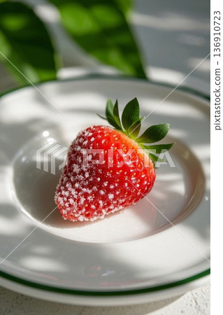 Fresh strawberries sprinkled with powdered sugar on a white plate Fresh strawberries sprinkled with powdered sugar on a white plate 136910723