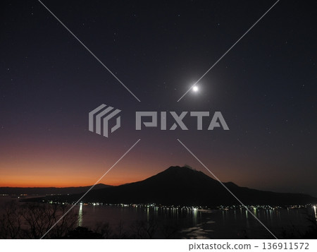 The moon rising over Sakurajima and the constellation Scorpio (New Year's Day 2026) 136911572