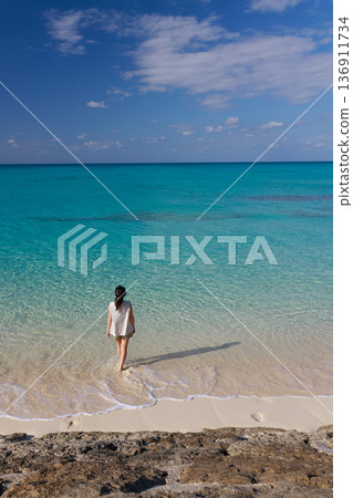 一位女子背對著鏡頭，步入熱帶海灘清澈的海水中。 136911734