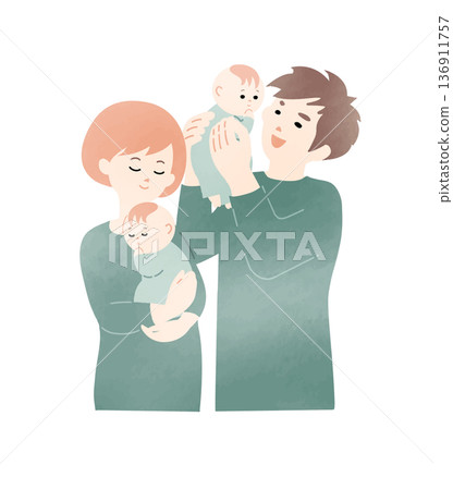 Smiling mom and dad holding twin babies Smiling mom and dad holding twin babies 136911757