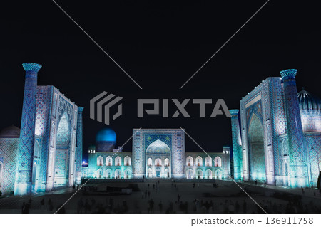 Illuminated Registan Square in Samarkand 136911758