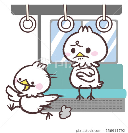 Illustration of a white bird bothering a child running inside a car 136911792