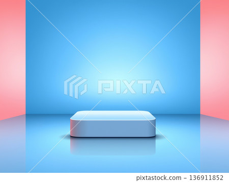 極簡風格的展覽舞台背景資料，以粉紅色和藍色燈光為主。 136911852
