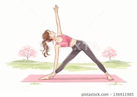 一位二十多歲的女子在櫻花盛開的公園裡練習瑜珈。 136911985