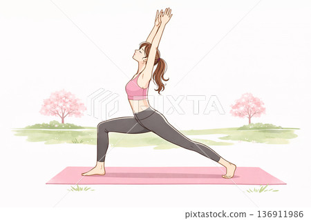 一位二十多歲的女子在櫻花盛開的公園裡做瑜珈。 136911986