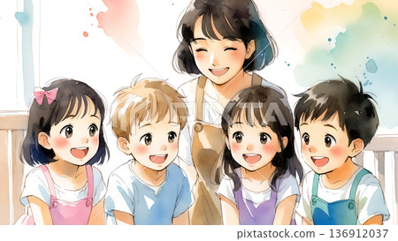 水彩手繪插圖，描繪了兒童和幼兒園老師 136912037