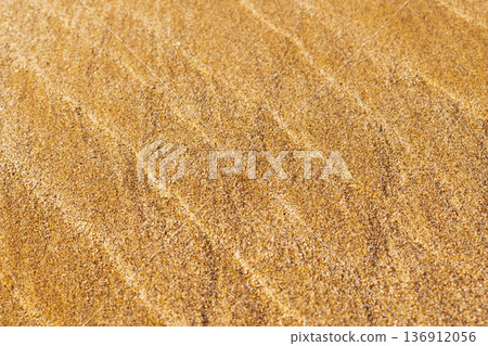 Golden hour light highlights intricate ripple patterns on desert dunes. Artistic overhead view of undulating sand ridges, natural background texture 136912056
