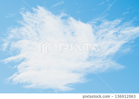 Panoramic view clear azure sky, wispy cirrus clouds. Soft blue gradients airy textures create vast minimalist backdrop with extensive copy space 136912063