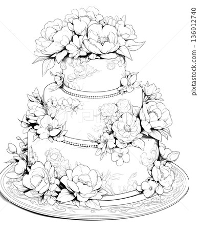 Tiered Wedding Cake with Flowers Coloring Page. 136912740