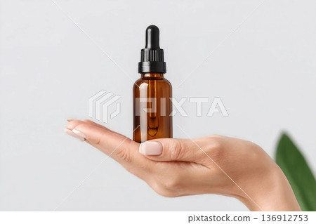 Amber glass dropper bottle in hand. Minimal skincare concept with clean white background. Cosmetic serum packaging. Elegant presentation of beauty product. Natural essential oil container. Amber glass dropper bottle in hand. Minimal skincare concept with clean white background. Cosmetic serum packaging. Elegant presentation of beauty product. Natural essential oil container. 136912753