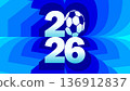 Dynamic 2026 football championship background in vibrant blue tone. Modern perspective typography with soccer ball icon for America host city celebrations. Vector illustration. 136912837