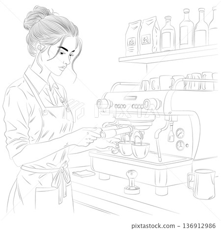 Professional female barista preparing espresso shot with coffee machine in cafe line art. 136912986