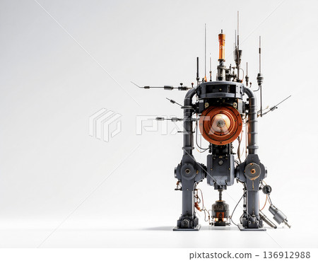一個雙足探測機器人站在白色背景上。未來太空發展、人工智慧自主設備、科技背景素材。 一個雙足探測機器人站在白色背景上。未來太空發展、人工智慧自主設備、科技背景素材。 136912988