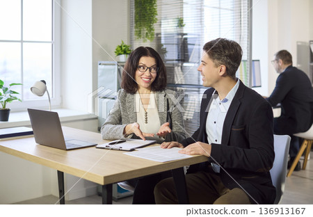 Advisor and client discussing agreement during consultation in modern office 136913167