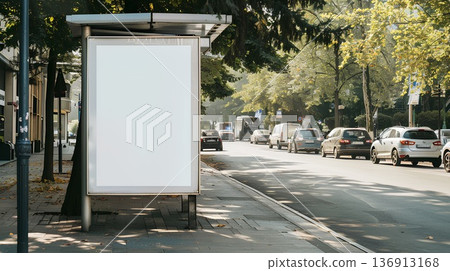 blank white poster on the side of an outdoor bus stop, located in front of cars and trees, captured with a wide-angle lens, showcases its simplicity and urban setting 136913168