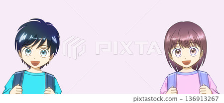 Anime-style illustration of elementary school boys and girls carrying school bags Anime-style illustration of elementary school boys and girls carrying school bags 136913267