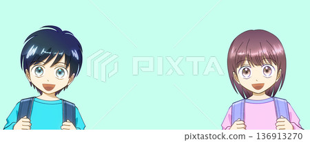 動漫風格的插圖，描繪了背著書包的小學生男女生。 136913270