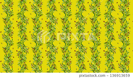 Olive fruit and leaf pattern background, botanical background, yellow Olive fruit and leaf pattern background, botanical background, yellow 136913659