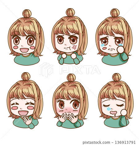 色彩鮮豔的春日少女插畫,帶有暖色調-基本面部表情變化集 色彩鮮豔的春日少女插畫,帶有暖色調-基本面部表情變化集 136913791