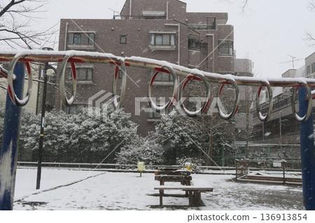 從東谷中公園望去,遊樂場設施和公寓大樓都被雪覆蓋了。 從東谷中公園望去,遊樂場設施和公寓大樓都被雪覆蓋了。 136913854